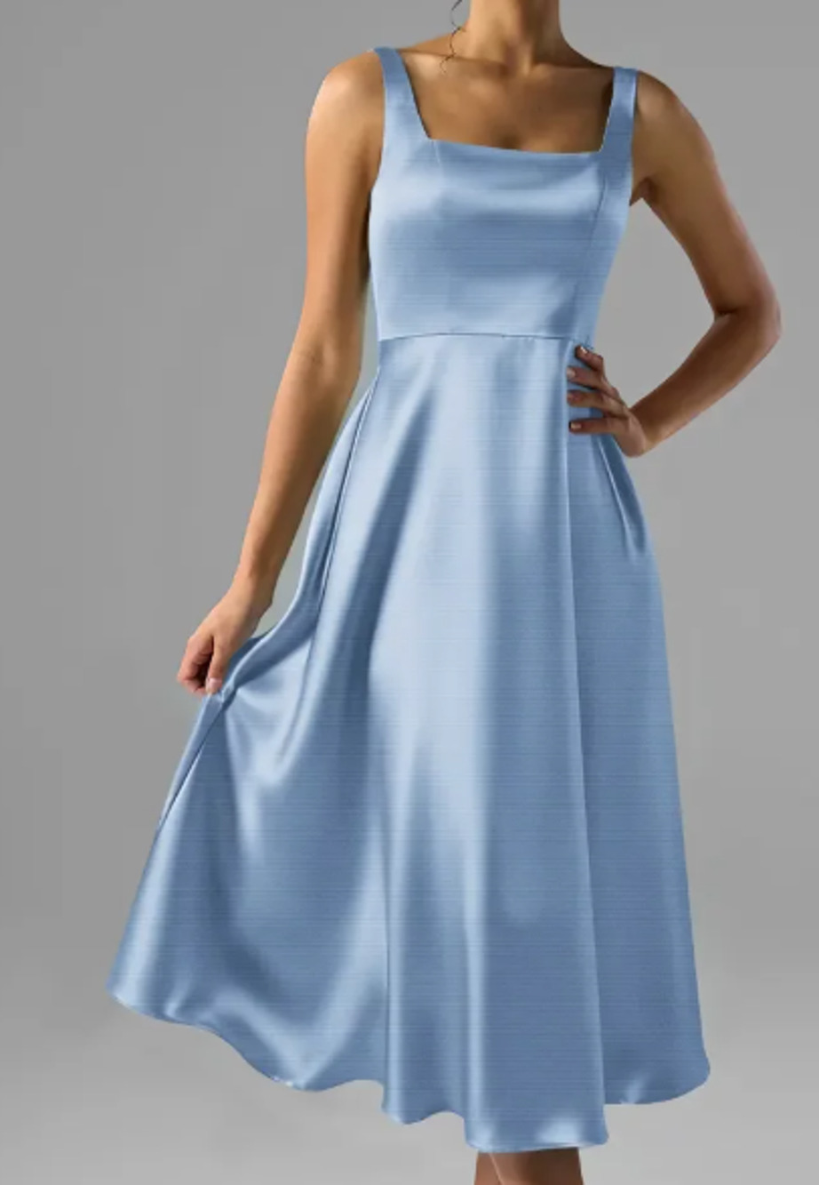 AW BRIDAL 8 M coronet blue Asa stretchy satin tea length midi dress NEW B28